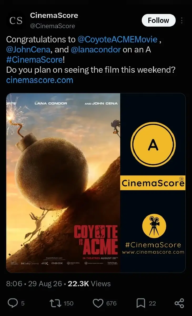 Coyote vs. Acme has an A Cinemascore